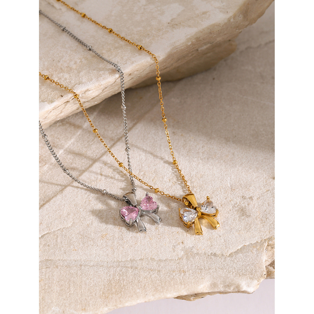 18K Gold Plated Stainless Steel Bow Necklace with White Cubic Zirconia for Women