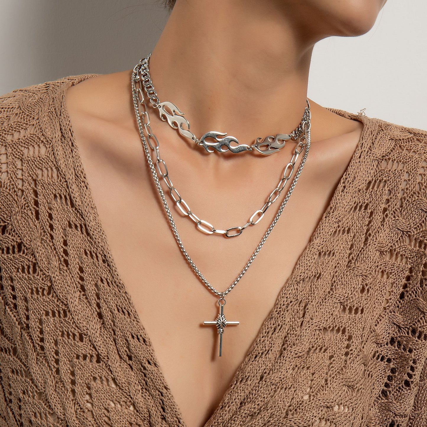 Hiphop Trendy Geometric Cross Alloy Plated Necklace for Women - Multi-Layer Fashion Jewelry