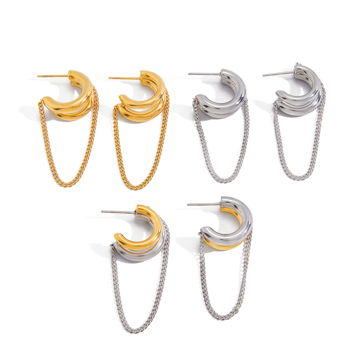 Elegant Geometric Stainless Steel Plated Tassel Earrings with Double C Design for Women