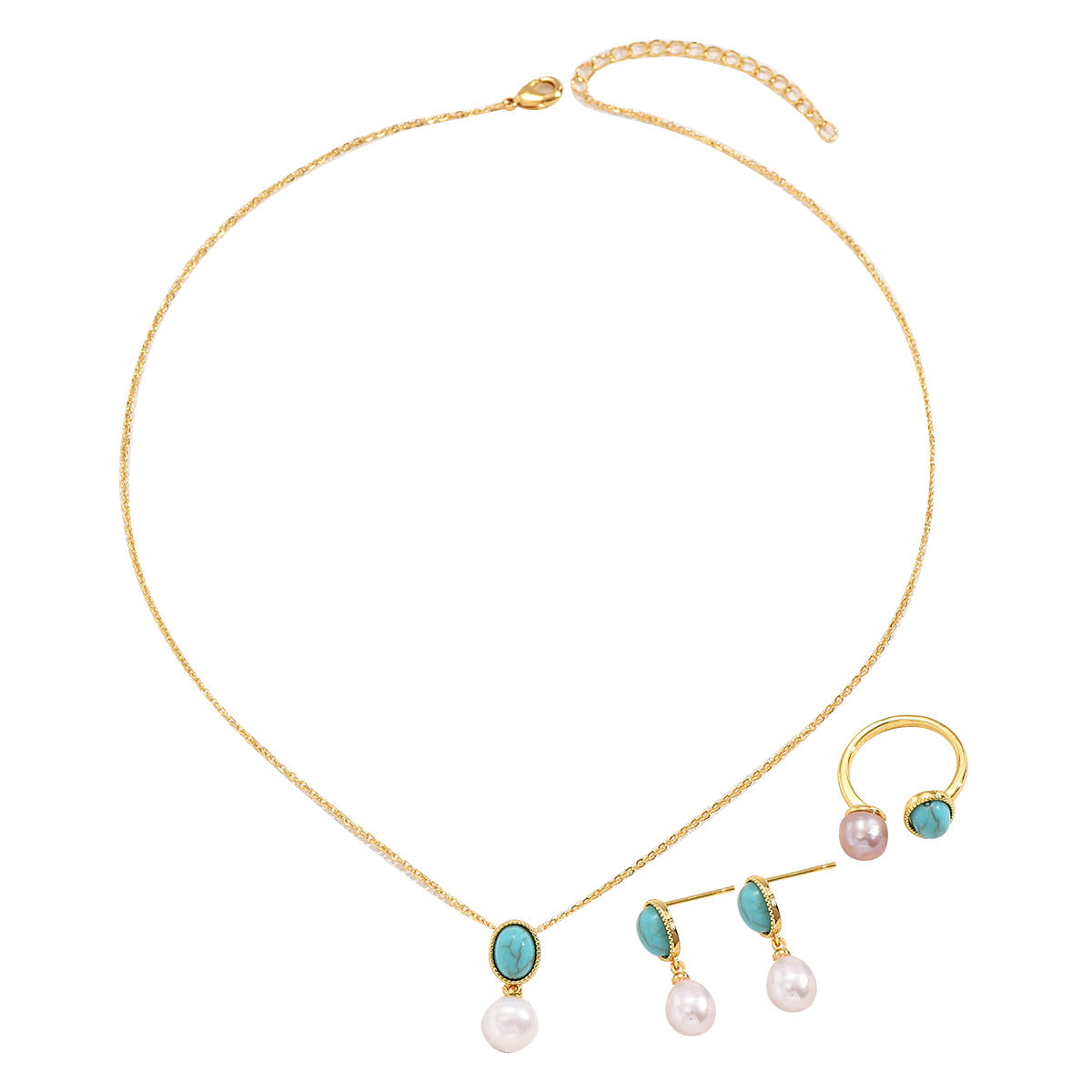 Parure di collana, orecchini e anello da donna vintage, artistica e minimalista con intarsio di perle e rame, con elementi geometrici rotondi, ovali e circolari