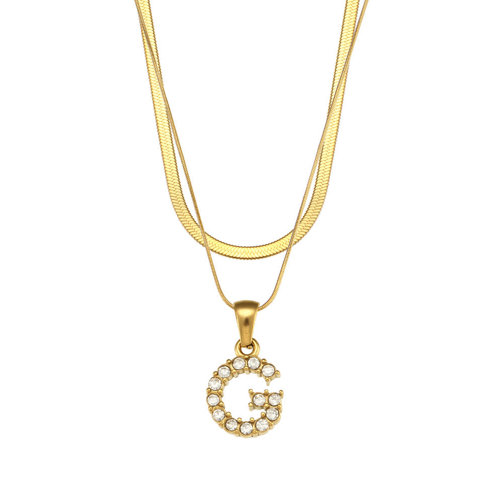 Fashionable Minimalist Letter Pendant Necklace in Stainless Steel with 18K Gold Plating and Cubic Zirconia on Double Snake Chain for Women