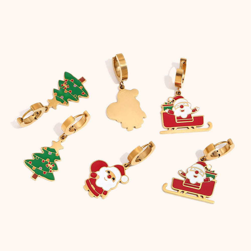 Fashionable OL Style Cartoon Santa Claus Sled Reindeer Christmas Tree Earrings for Women in Stainless Steel with 18K Gold Plating