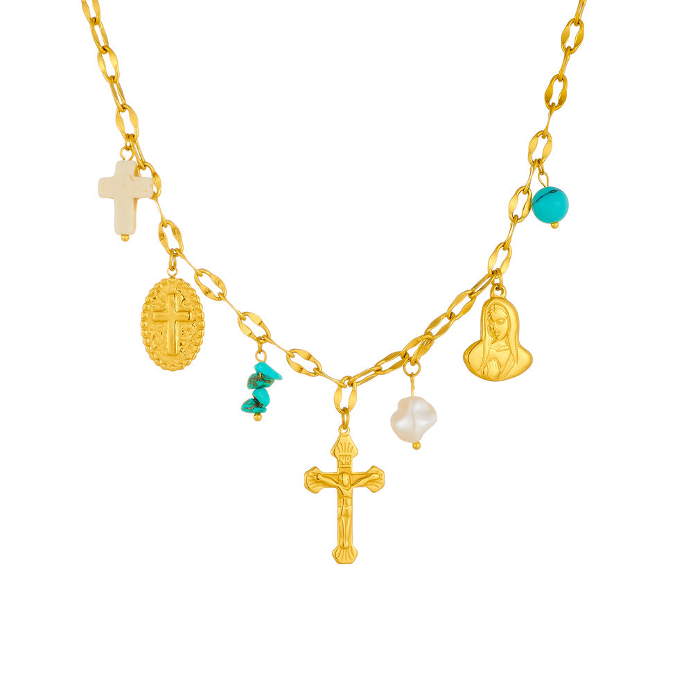 Personalized Gold Plated Stainless Steel Cross Pendant Necklace with Pearl and Crushed Stone Accents