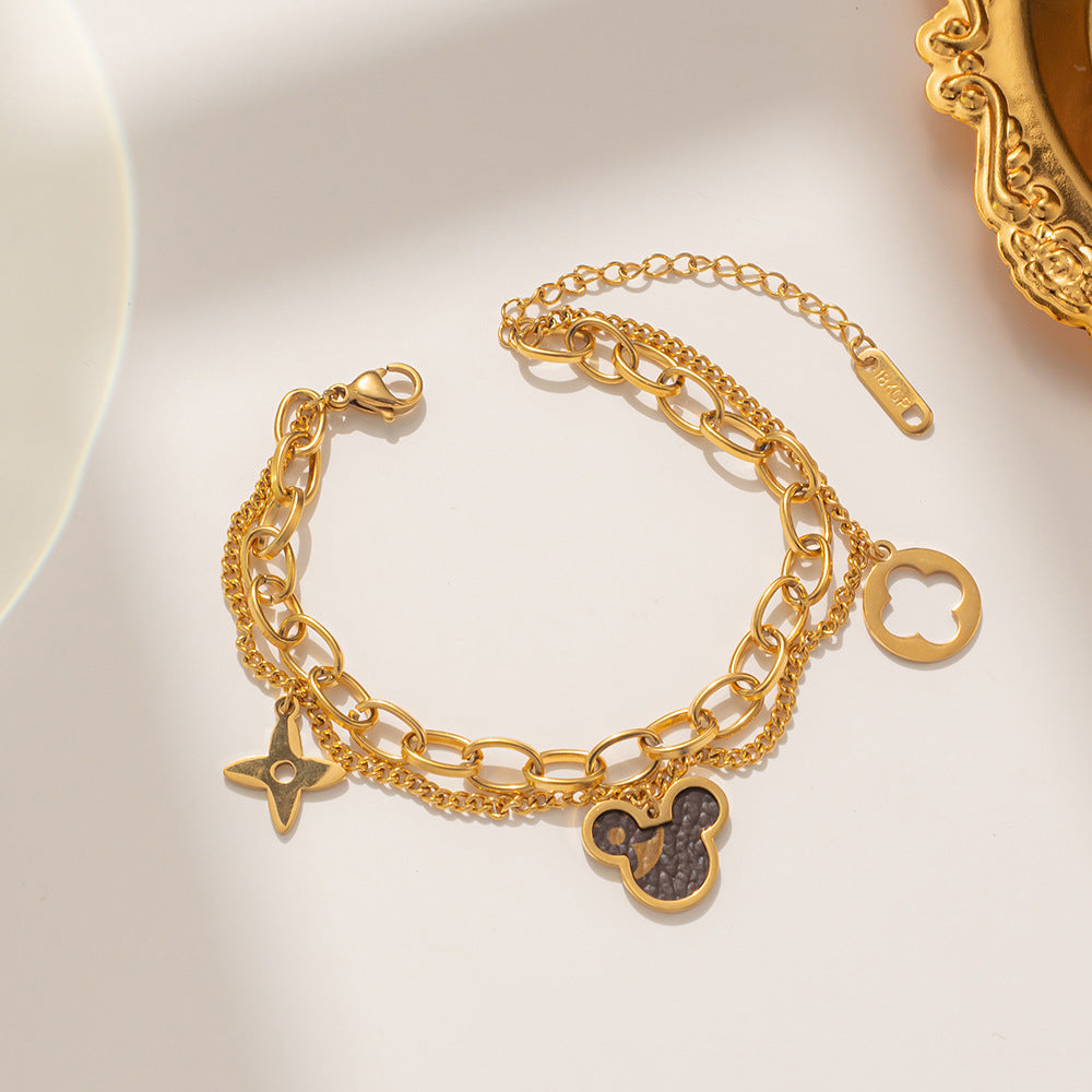 Pulsera de Doble Capa de Acero de Titanio Minimalista con Diseño de Mickey Mouse de Dibujos Animados para Mujer con Acabado Chapado