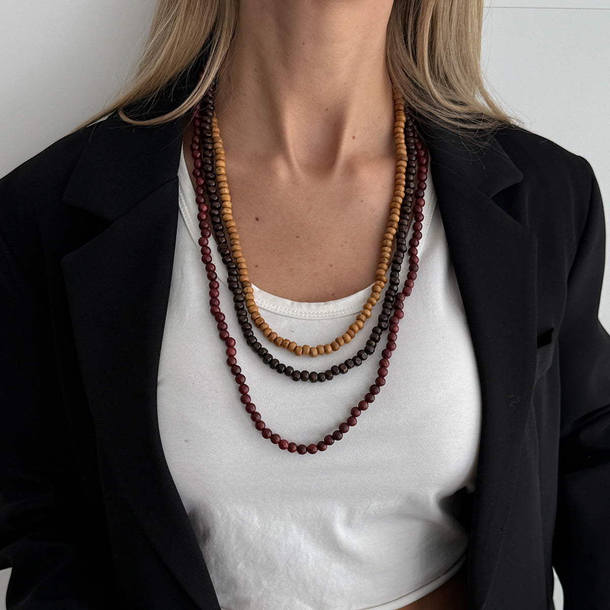 Vintage Geometric Wood Bead Necklace Multi-layered Ball Chain Long Pendant for Women