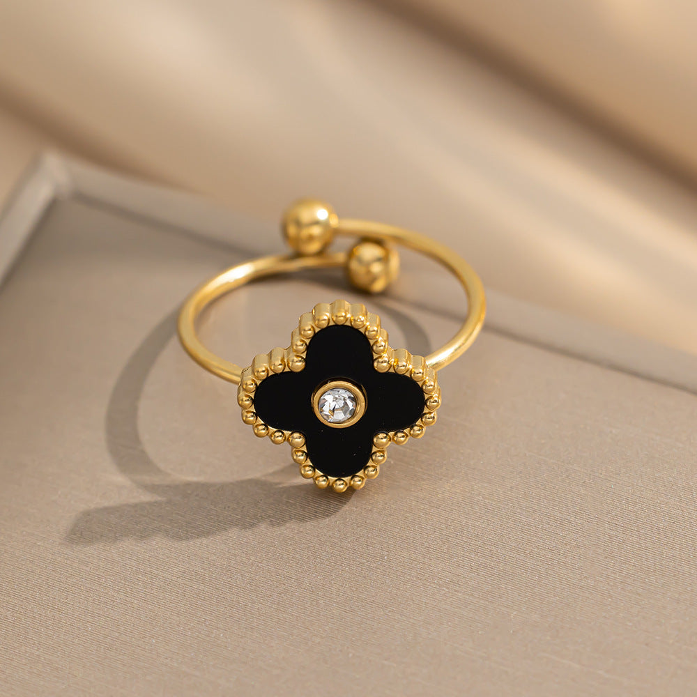 Minimalist Four-Leaf Clover Titanium Steel Adjustable Ring for Women with Hypoallergenic Plated Finish