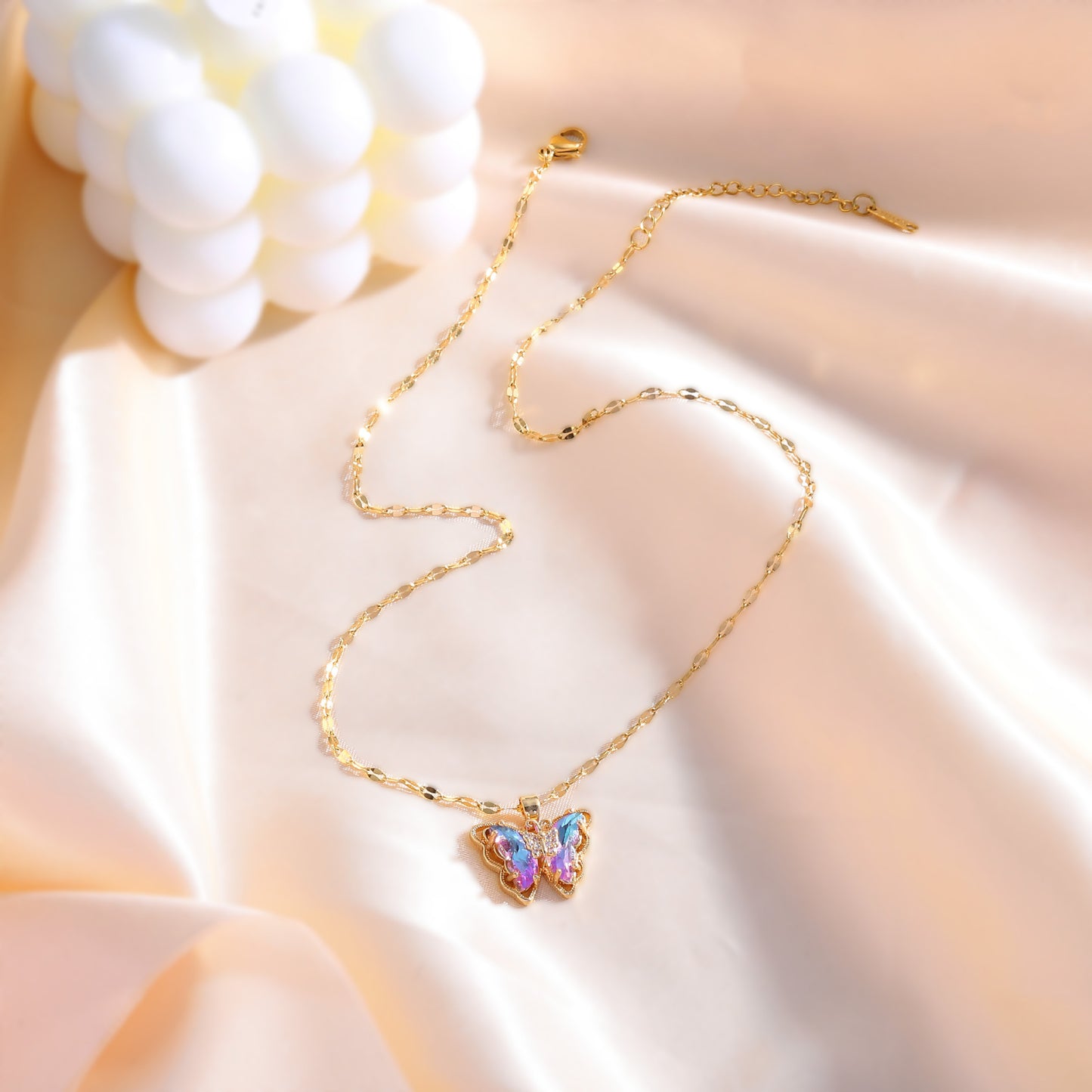 Minimalist Elegant Gold Plated Titanium Steel Butterfly Necklace with Crystal Inlay for Women