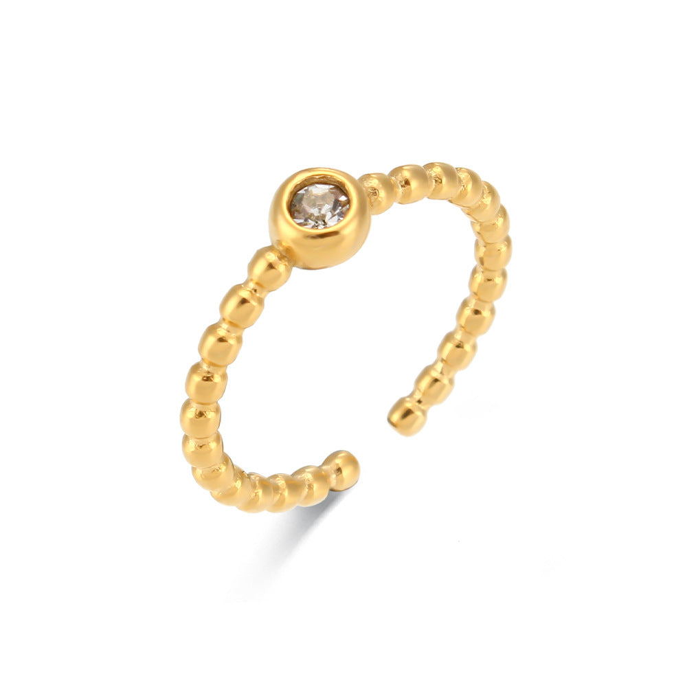 Minimalist Geometric Stainless Steel Ring with 18K Gold Plating and Cubic Zirconia Bead Accent