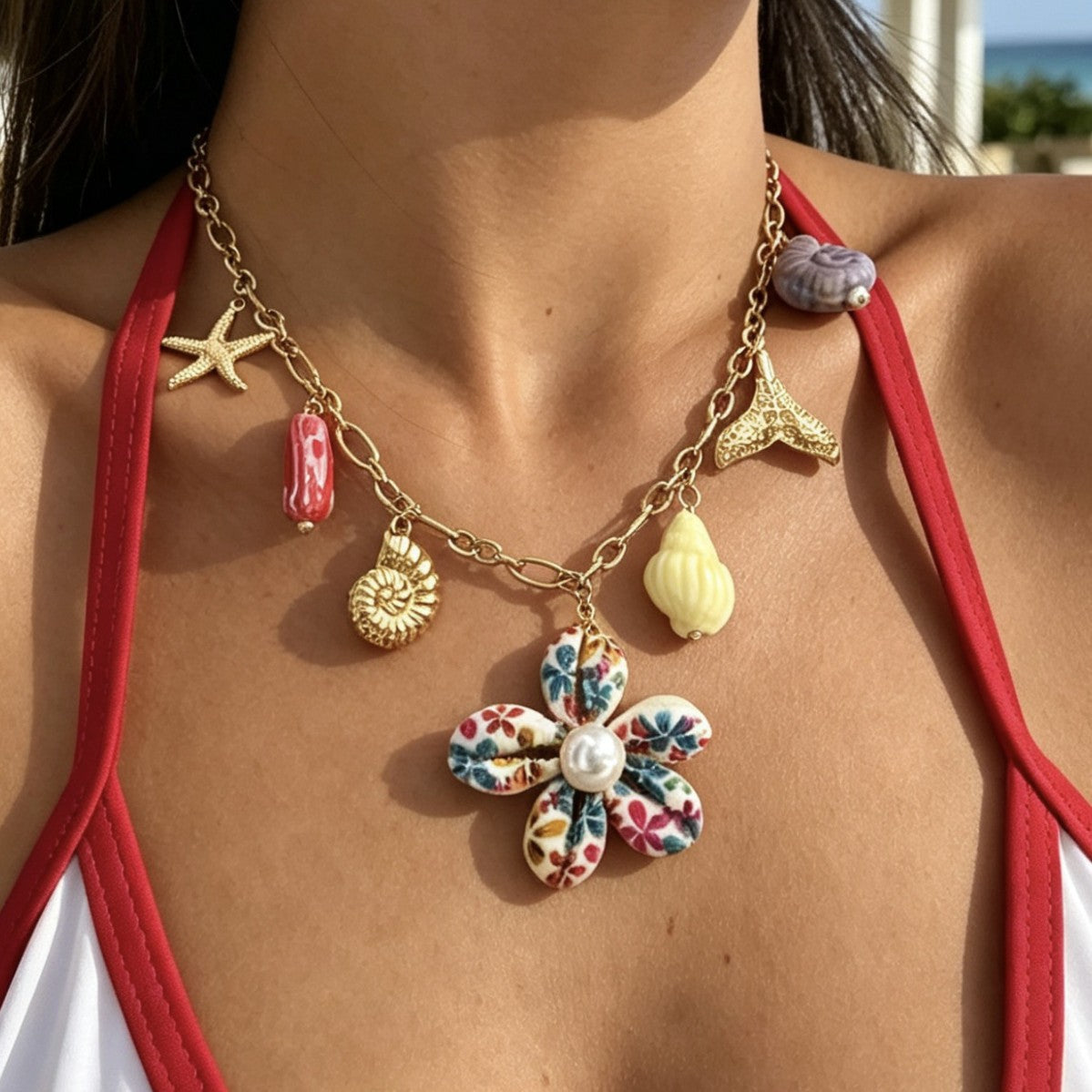 Sweet Streetwear Geometric Stainless Steel Plated Shell Starfish Pendant Necklace for Women