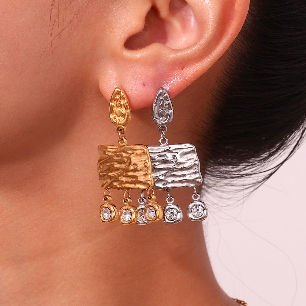 Bohemian Style Geometric Stainless Steel Earrings with 18K Gold Plating and Round Zircon Accents for Women