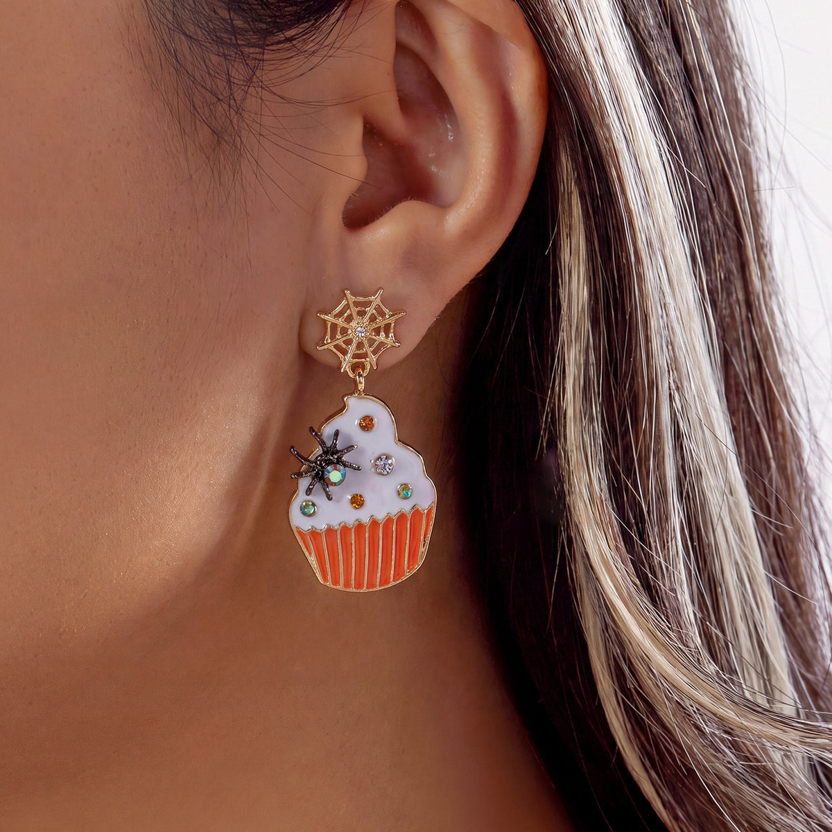 Sweet Cartoon Pumpkin Rhinestone Drip Oil Plated Alloy Earrings Unisex Halloween Jewelry
