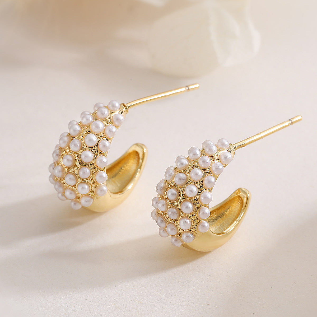 Minimalist Geometric Brass Gold Plated Pearl Stud Earrings with Abstract Design for Women