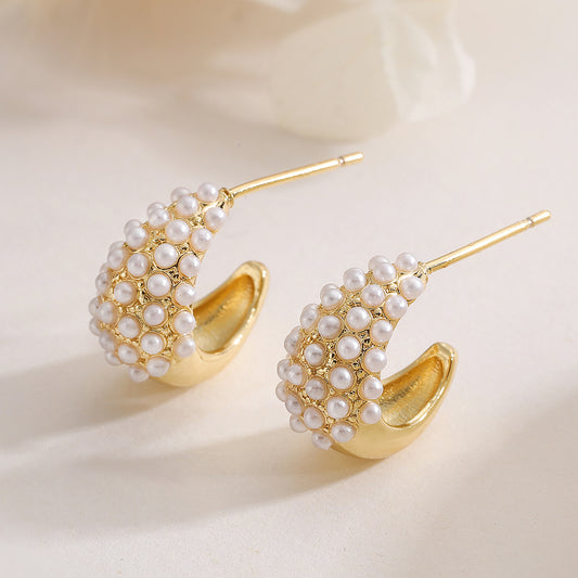 Minimalist Geometric Brass Gold Plated Pearl Stud Earrings with Abstract Design for Women