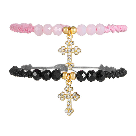 Geometric Cross Crystal Inlay Alloy Glass Bead Bracelet