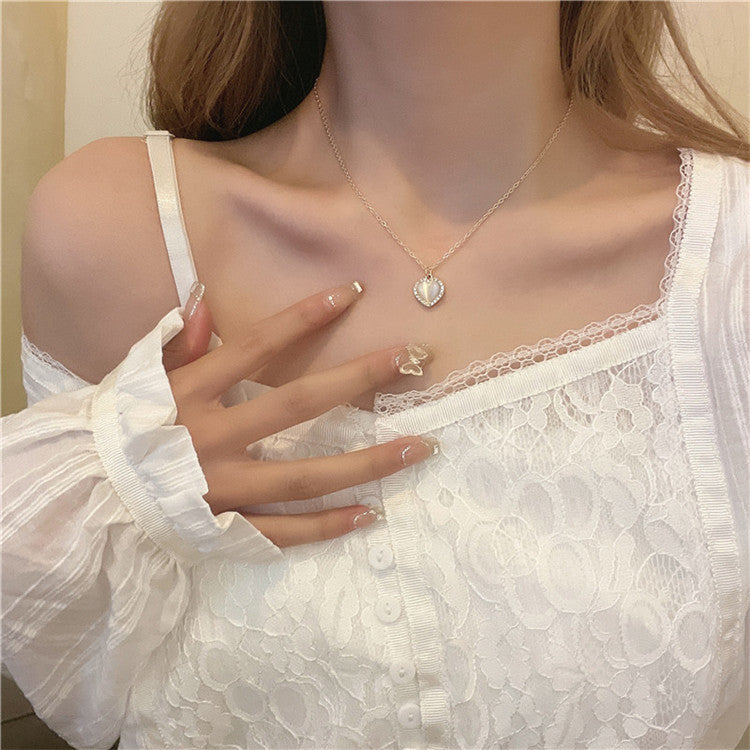 Minimalist Heart-Shaped Titanium Steel Necklace with Rhinestone Inlay for Women, Delicate Clavicle Chain