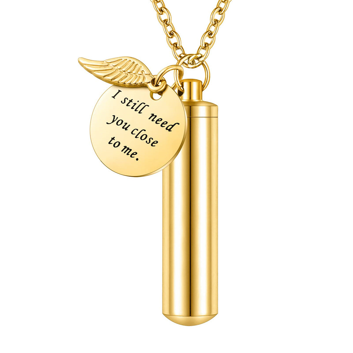 Personalized Stainless Steel Angel Wing Pendant Necklace with Hollow Cylinder Design for Pet Memorial Keepsake Unisex