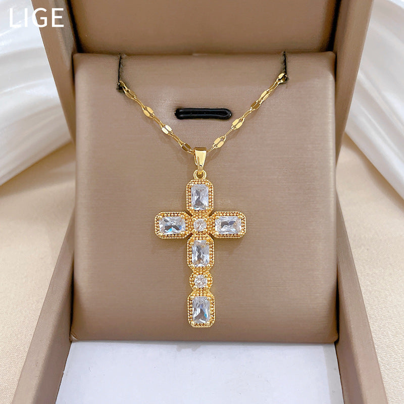 Sweet Minimalist Rhinestone Cross Titanium Steel Necklace Curb Chain Unisex