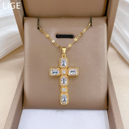 Sweet Minimalist Rhinestone Cross Titanium Steel Necklace Curb Chain Unisex