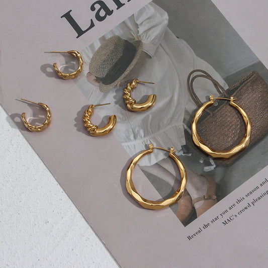 Fashionable Geometric Stainless Steel Hoop Earrings with Twisted Rope Design for Women