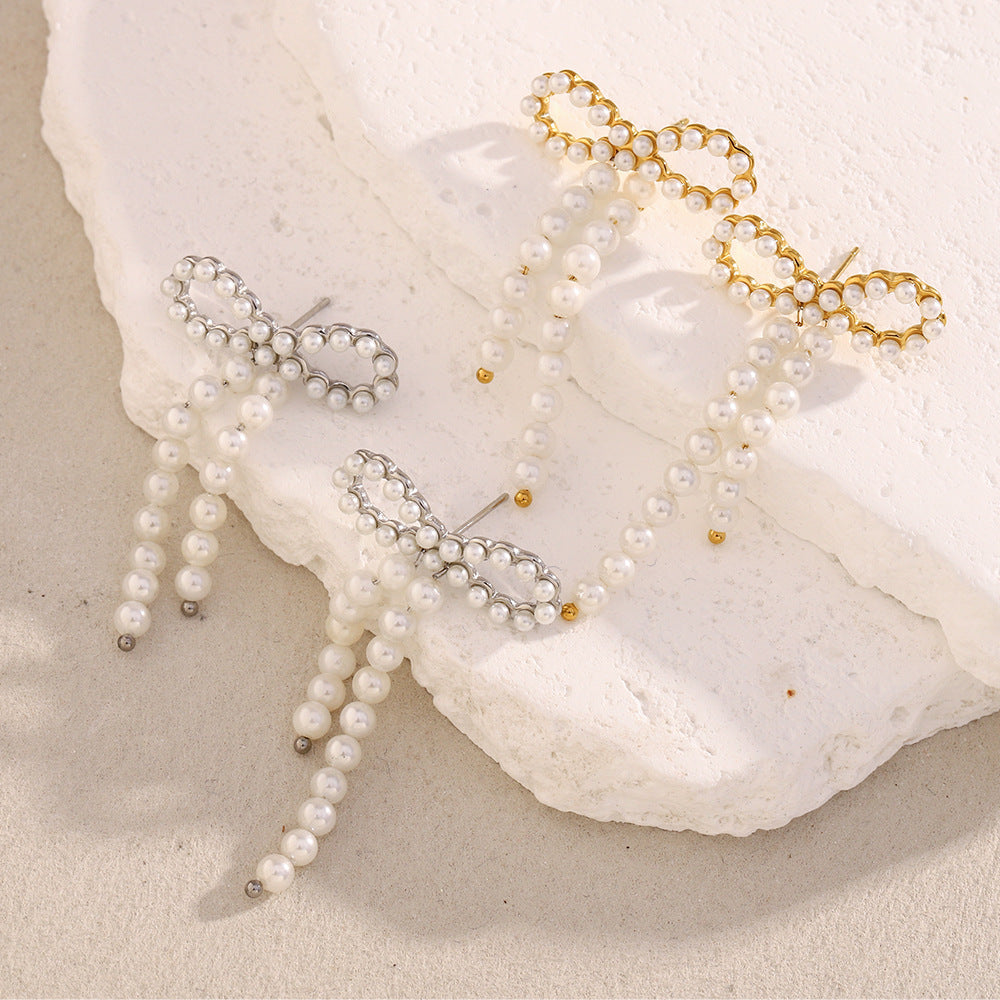 Vintage Butterfly-Shaped Stainless Steel Earrings with 18K Gold Plating and Simulated Pearl Accents for Women