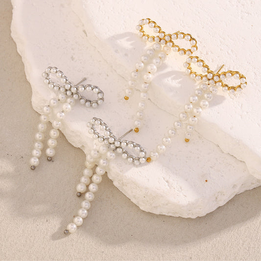 Vintage Butterfly-Shaped Stainless Steel Earrings with 18K Gold Plating and Simulated Pearl Accents for Women