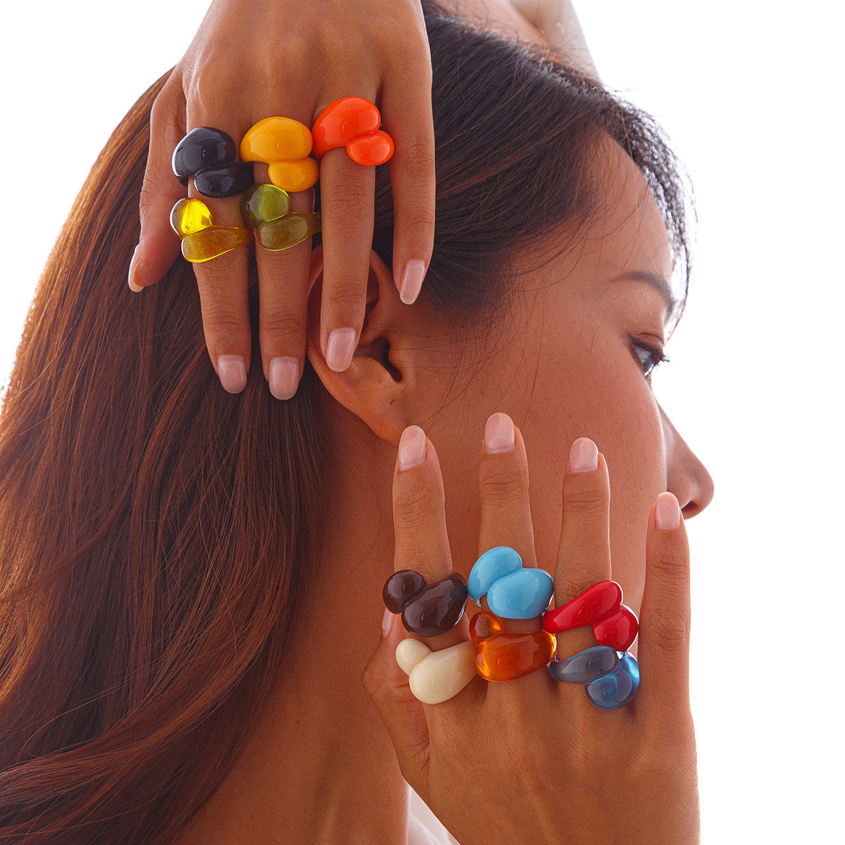 Anello in lega geometrico "Sweet-Edgy" con design a goccia colorato trasparente, fascia aperta regolabile, gioielli alla moda per donne