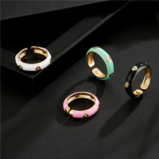 Geometric Drip Oil Brass 18K Gold Plated Cubic Zirconia Inlay Open Ring for Women