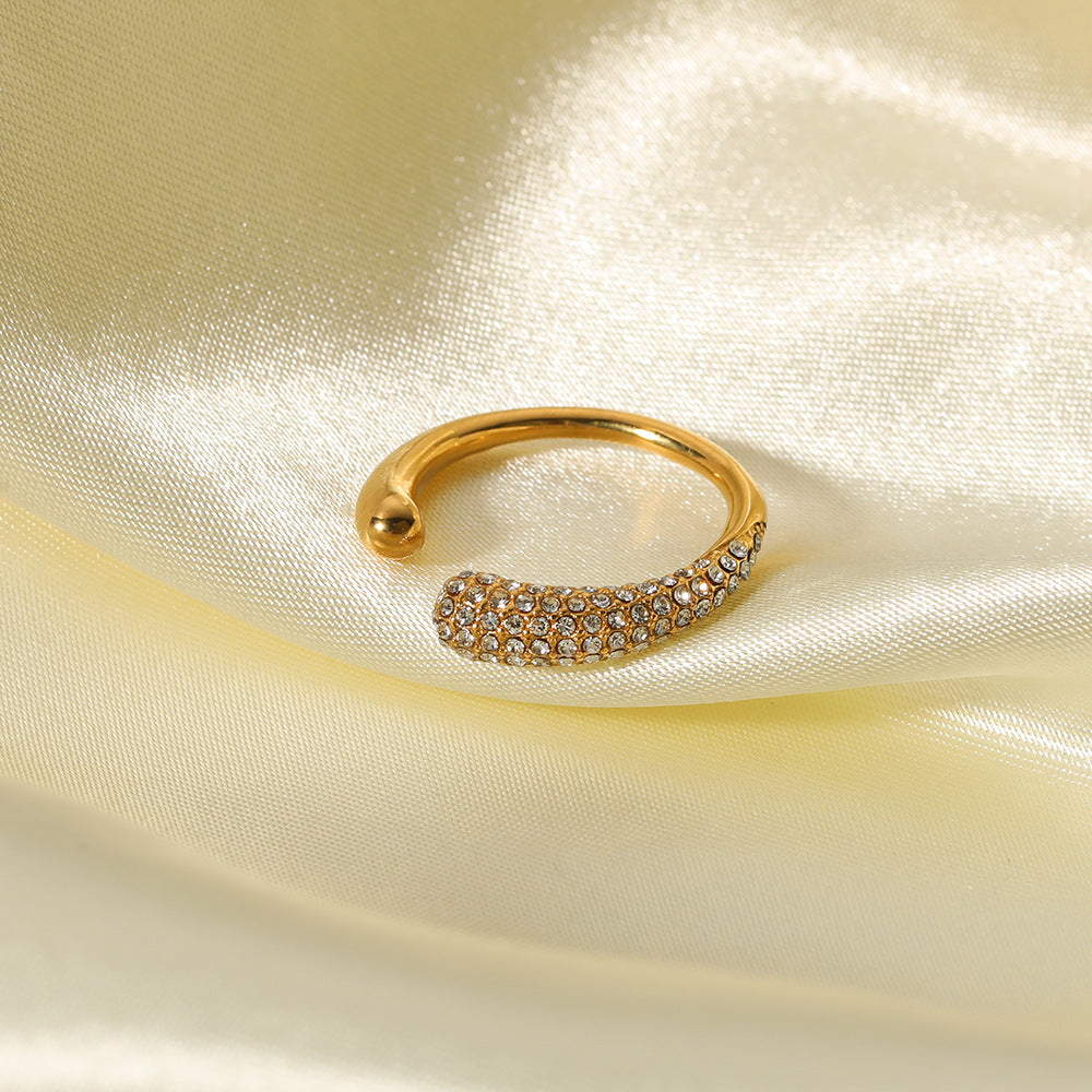 Minimalist Geometric Drop-Shaped Stainless Steel Ring with Rhinestone Inlay and 18K Vacuum Plating for Women