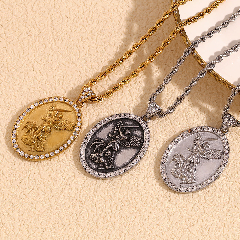 Geometric Angel Pendant Necklace for Men in Stainless Steel with 18K Gold Plating on Twisted Chain