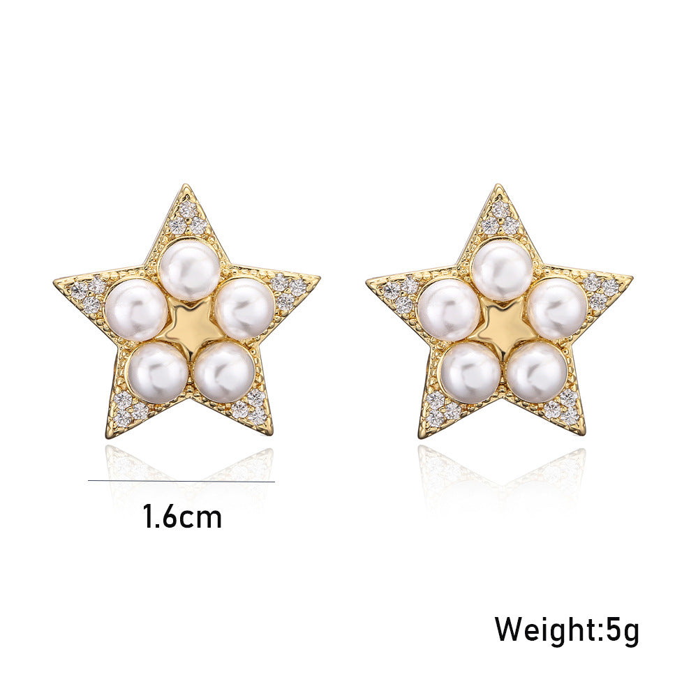 Gold Plated Brass Star Stud Earrings with Cubic Zirconia and Pearl Inlay