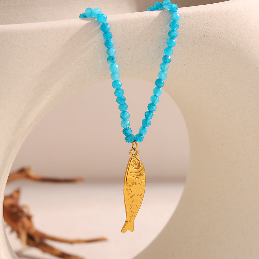 Fashionable Geometric Stainless Steel Plated 18K Gold Sun Starfish Salmon Pearl Pendant Necklace for Women