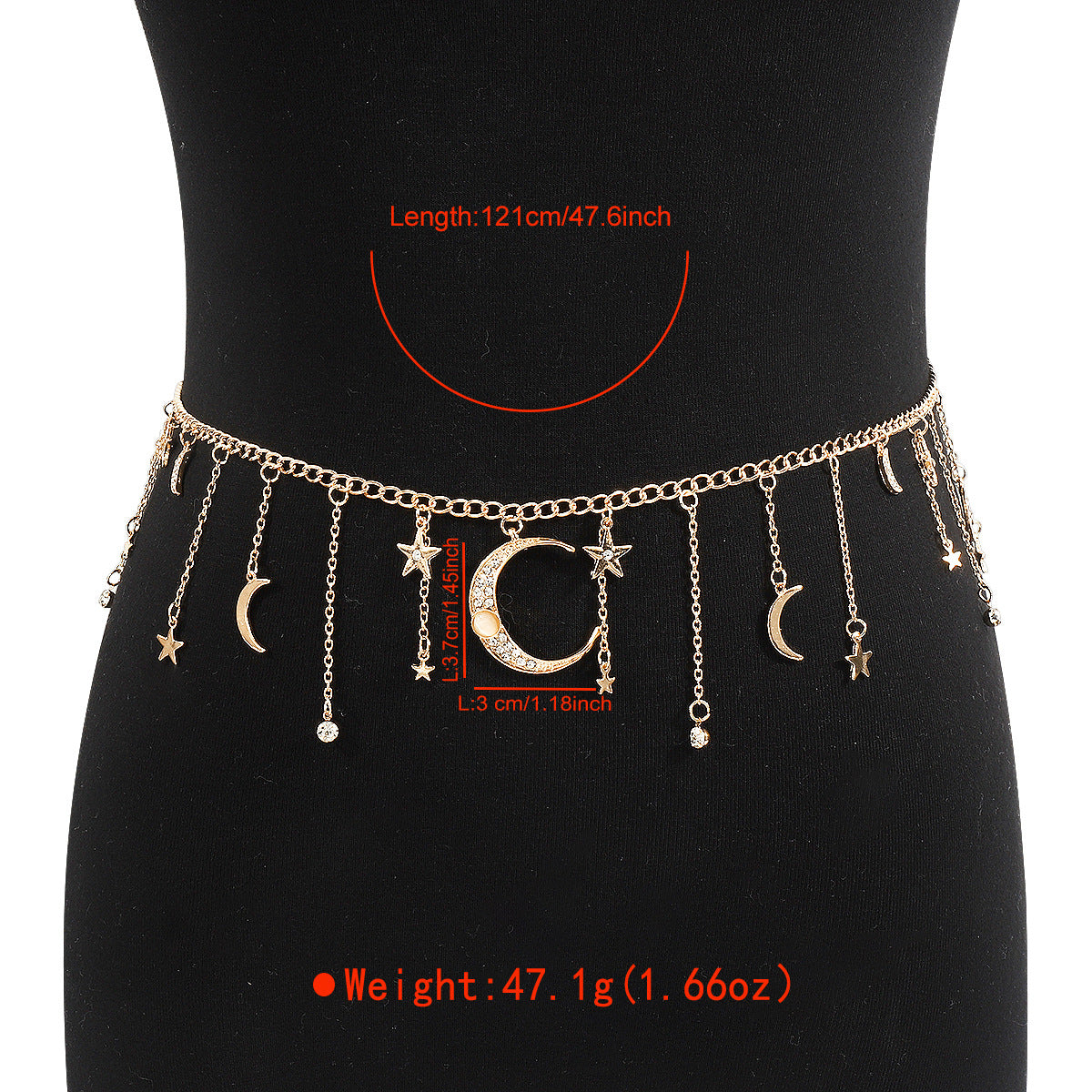 Collar con colgante de estrella y luna creciente dulce y atrevido para mujer con incrustaciones de diamantes de imitación y acabado galvanizado en cadena ondulada