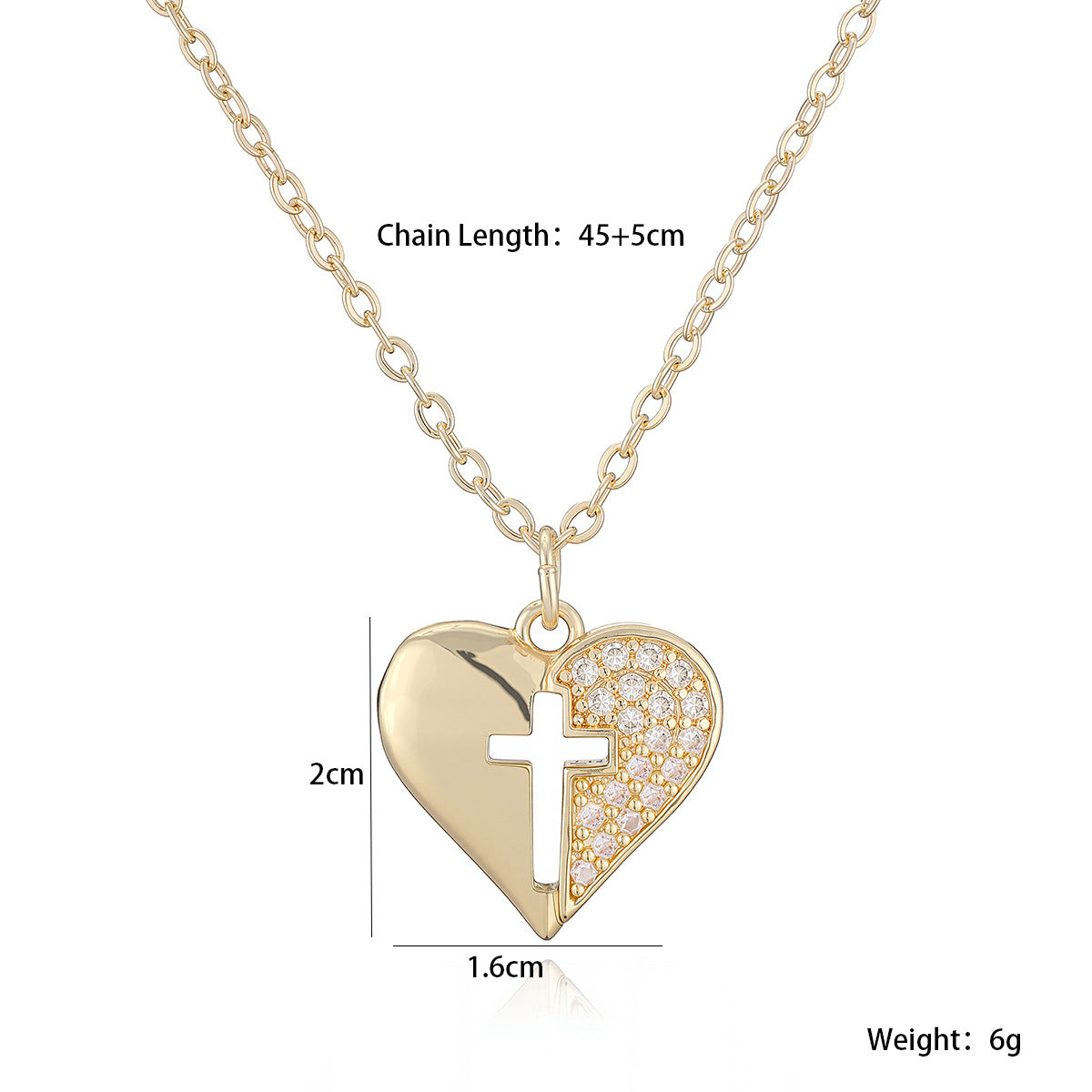Minimalist 18K Gold Plated Brass Cubic Zirconia Heart Cross Pendant Necklace