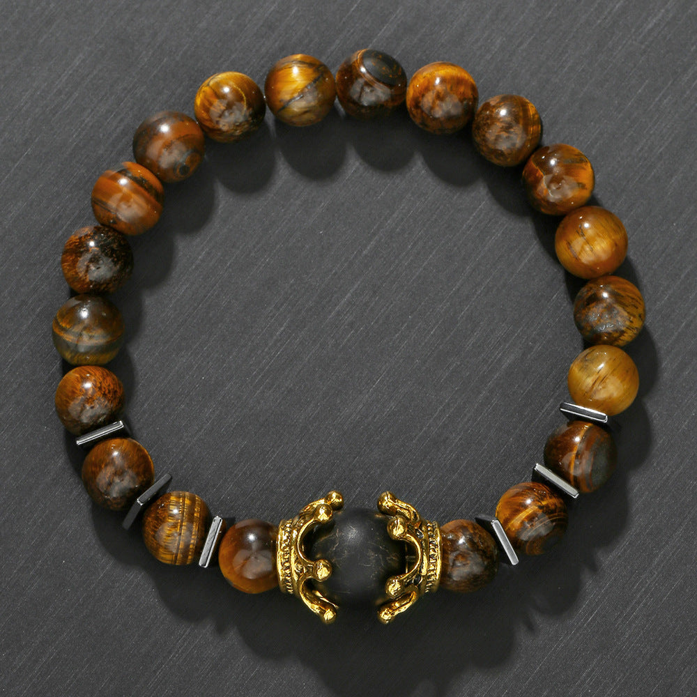 Luxury Punk Geometric Alloy Crown Bracelet with Tiger Eye and Hematite for Men and Women
