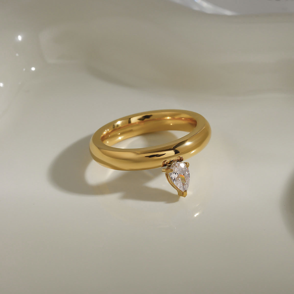Geometric Stainless Steel Plated Ring with Cubic Zirconia for Women
