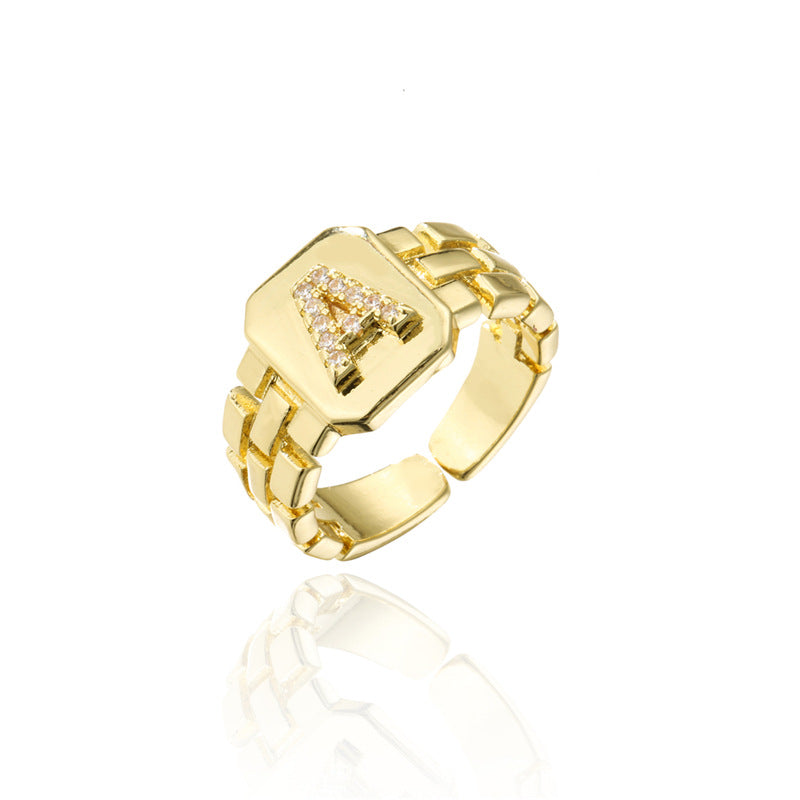 Minimalist Adjustable Open Ring with 18K Gold Plated Copper Band and AAA Zircon Letters Design