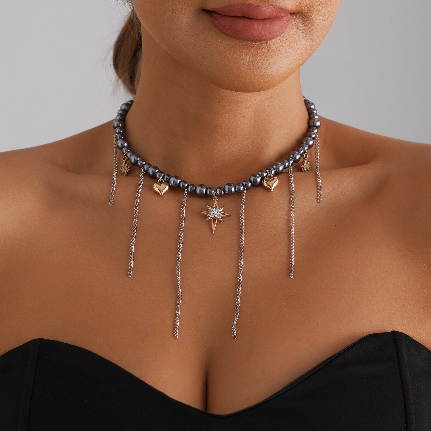 Minimalist Alloy Plated Star Heart Geometric Pendant Necklace with Tassel