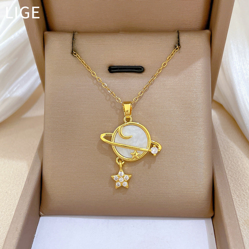 Sweet Minimalist Star Moon Geometric Rhinestone Brass Pendant Titanium Steel Necklace for Unisex