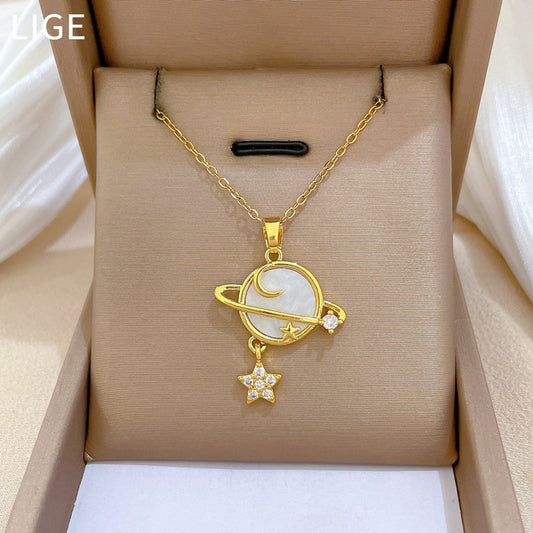 Sweet Minimalist Star Moon Geometric Rhinestone Brass Pendant Titanium Steel Necklace for Unisex