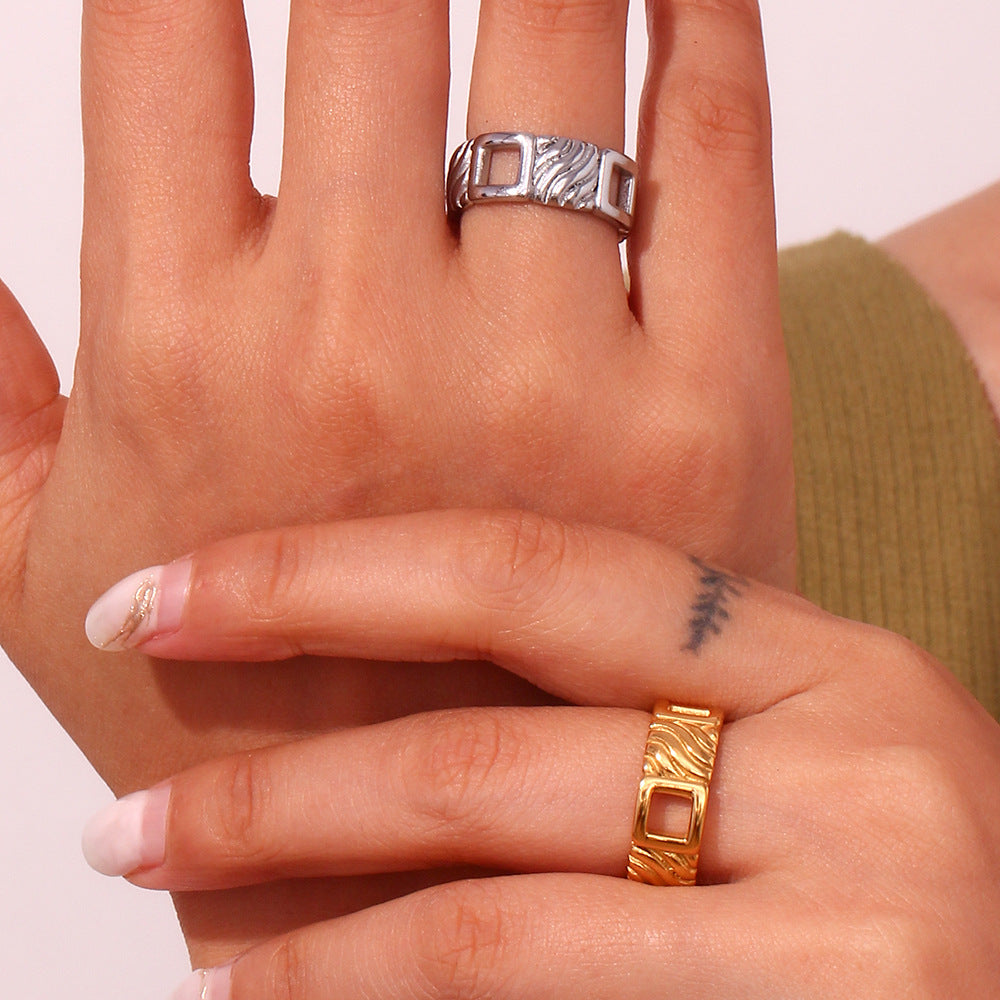 Vintage Geometric Stainless Steel Plated 18K Gold Square Ring for Women