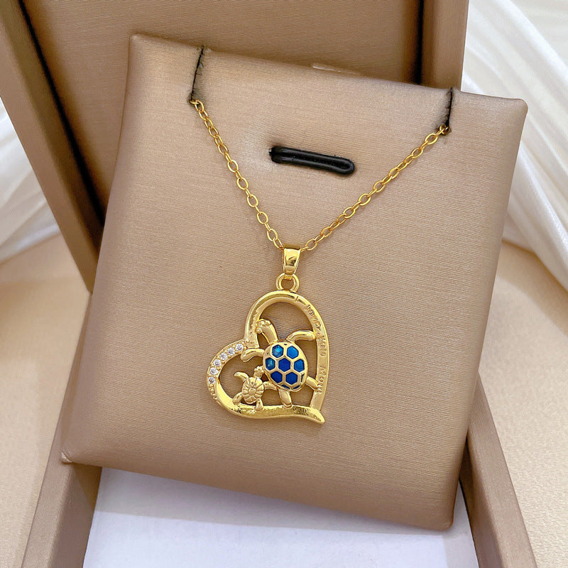 Cartoon Style Turtle Heart Pendant Necklace for Women Stainless Steel Snake Chain with Rhinestone Inlay and Geometric Design