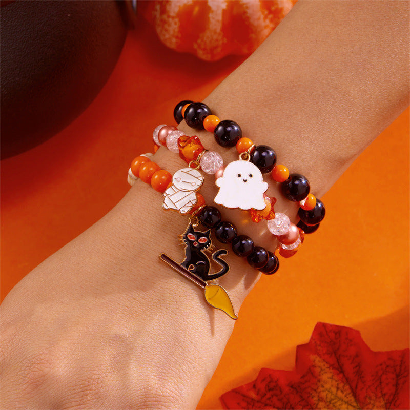Pulsera elástica de calabaza y fantasma con temática de Halloween para mujer, con construcción de aleación, acabado galvanizado y diseño elástico, accesorio de moda informal