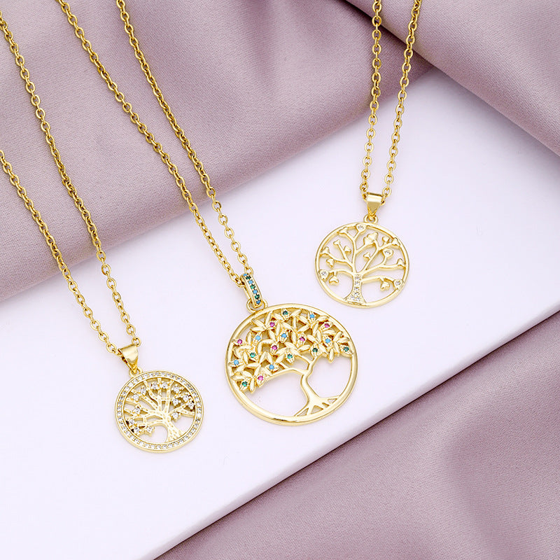 Collar con Colgante Minimalista Árbol de la Vida para Mujer en Cobre con Incrustaciones de Circones y Cadena O de Acero Inoxidable con Baño al Vacío