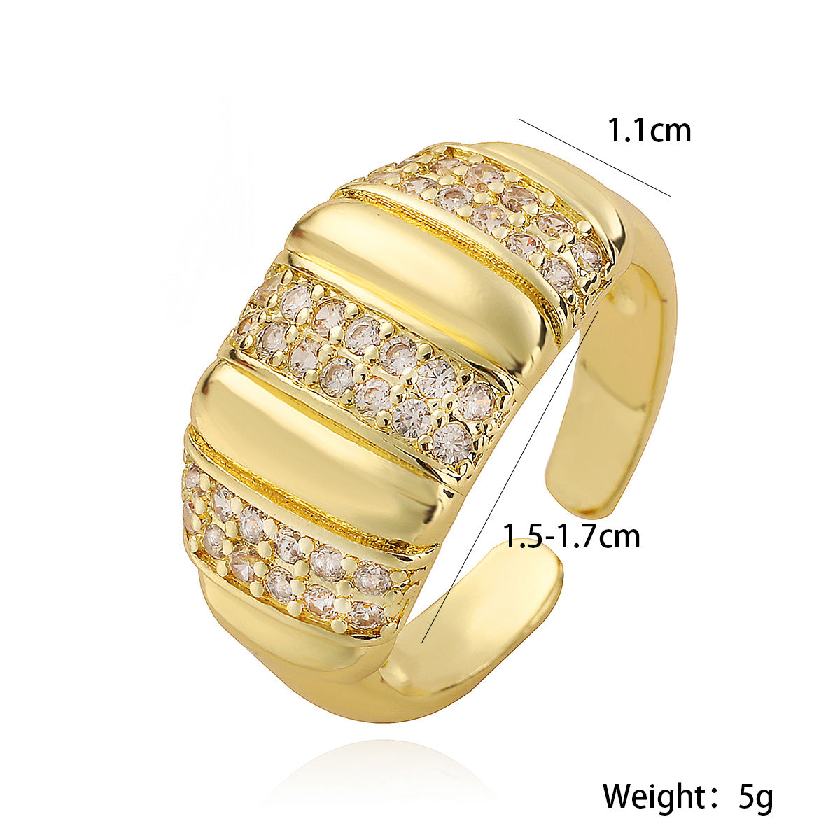 Vintage Geometric Open Ring for Women Made of Copper with 18K Gold Plating and Zircon Inlay