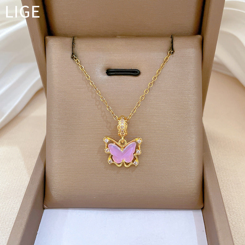 Pink Butterfly Shaped Zirconia Encrusted Necklace for Women with Titanium Steel Chain Minimalist Elegant Locket Style