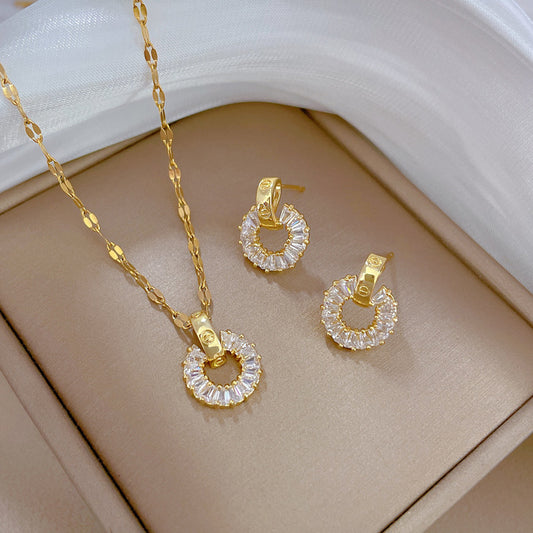 Geometric Luxury Titanium Steel Necklace and Earrings Set with Rhinestone Inlay for Women