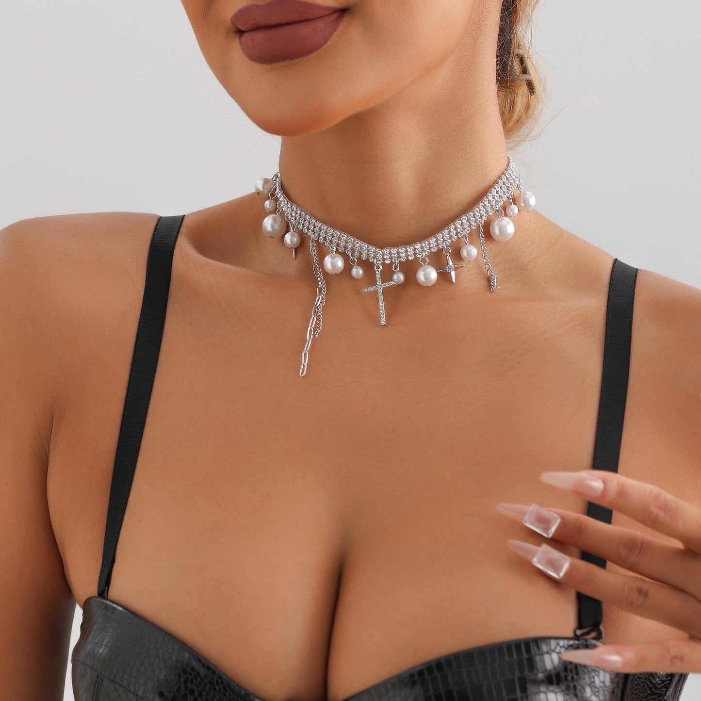 Minimalist Geometric Cross Pendant Necklace with Rhinestone Accents and Plated Metal Chain for Women
