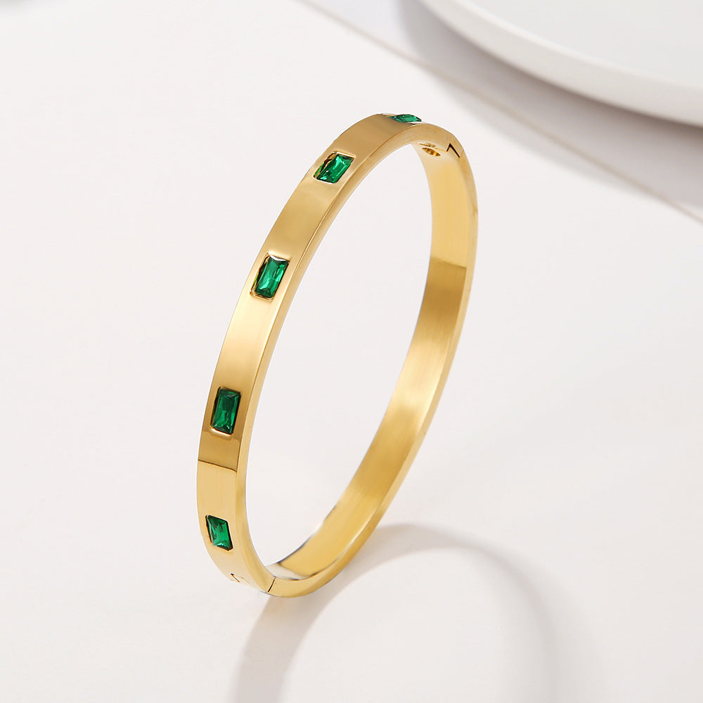 Vintage Geometric Titanium Steel Cuff Bracelet with Green Cubic Zirconia Inlay for Women