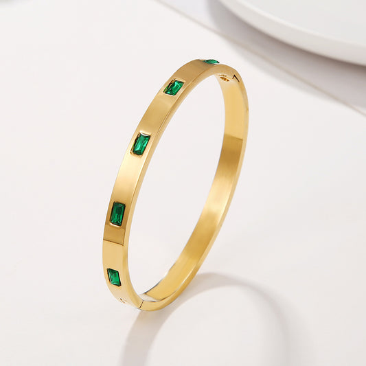 Vintage Geometric Titanium Steel Cuff Bracelet with Green Cubic Zirconia Inlay for Women