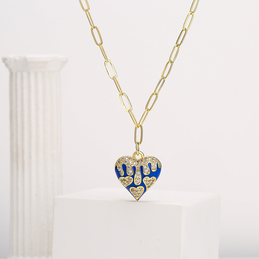 Retro Heart Pendant Necklace for Women with Copper Base Plated in 18K Gold and Enamel Finish, Set with Cubic Zirconia